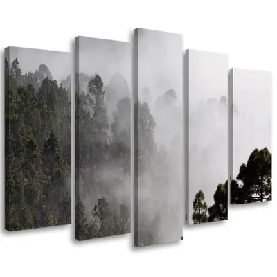 Produktbild von 5-teiliges leinwandbild wald im nebel 200x100 cm Feeby grau wandbild bereit zum aufhängen