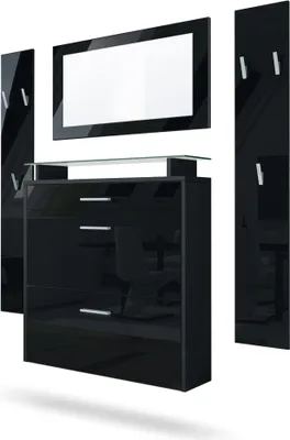 Produktbild von Vladon Garderobe Malea, Garderobenset bestehend aus 1 Hängeschuhschrank, 1 Wandspiegel und 2 Garderobenpaneele, Schwarz matt/Schwarz Hochglanz