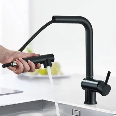 Immagine prodotto di Rubinetto da cucina nero ad alta pressione con doccetta girevole a 360° e 2 tipi di getto