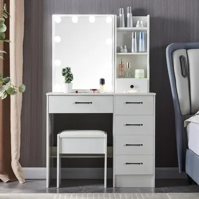Zdjęcie produktu dla Toaletka z lustrem - Mebel kosmetyczny - Stół do makijażu - Regulowane oświetlenie LED - 80 x 36 x 130 cm