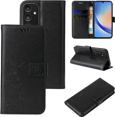 A collage of images showing a black flip phone case with floral and butterfly embossing, including close-ups and different angles.