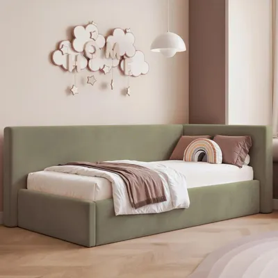 Produktbild von Eckbett Jugendbett Sampre 120x200 cm Salbeigrün Rechts Velvet – Bettkasten, Metalllattenrost