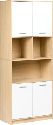 Produktbild von BELIANI Bücherregal Hellbraun u. Weiß Faserplatte 197 cm Hoch 40 cm Tief 80 cm Breit Skandi Design Regal mit 2 Schränken 4 Türen für Büro Wohnzimmer