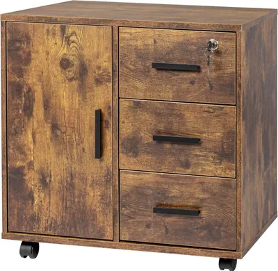 Produktbild von Relaxdays Rollcontainer, 3 Schubladen, 2 Türfächer, HxBxT: 57 x 60 x 40 cm, abschließbar, Aktenrollschrank, vintagebraun