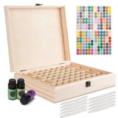 Image de Boîte de rangement en bois à 68 compartiments pour huiles essentielles – adaptée aux flacons de 5, 10 et 15 ml – rangement idéal pour les huiles essentielles.