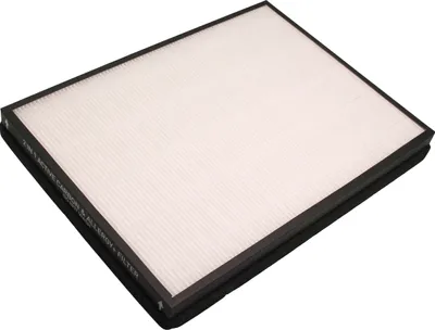 A close-up, angled view of a white air filter with a black frame against a white background.