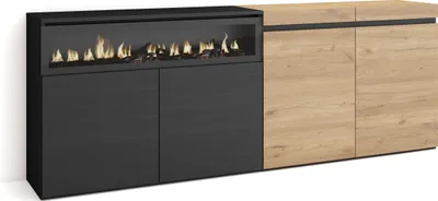 Immagine prodotto di COZY Credenza, Mobile, Cucina, 200x35x75cm, 4 Porte, Camino elettrico, Rovere e Nero