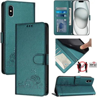 Obrázek produktu pro Kožené pouzdro pro iPhone X/iPhone XS, sladká kočka Flip pouzdro s funkcí stojánku a peněženkou zelené