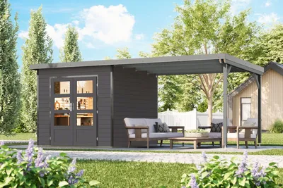 Produktbild von Karibu Gartenhaus Hybridhaus Metall Pluto 3 terragrau Metall graualuminium 544x240x219 cm