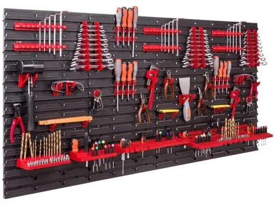 Produktbild von Wandregal Werkstatt Werkzeughalter - Stapelboxen - 158 x 78 cm - Rot