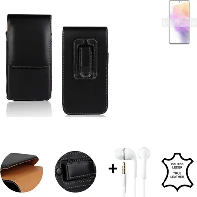 Produktbild von K-S-Trade Leder Gürteltasche + Kopfhörer kompatibel mit Samsung Galaxy A73 5G Seitentasche Belt pouch Holster Handyhülle Schutz Hülle Etui schwarz