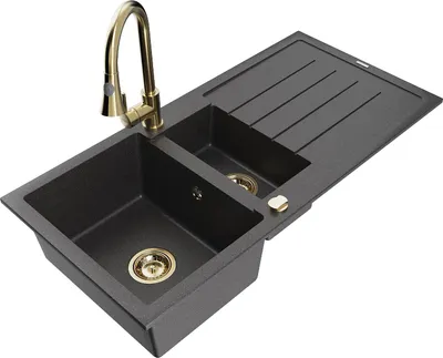 Produktbild von Mexen Andres Granitspüle 1,5-becken mit Abtropffläche und Küchenarmatur Elia, schwarz gesprenkelt - 6515-76-670101-50