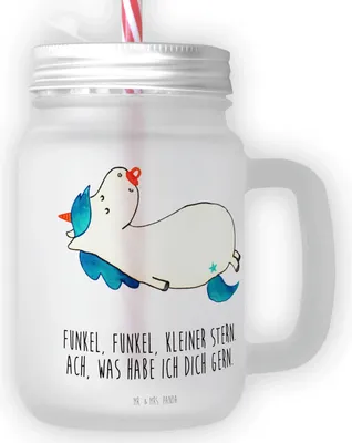 Produktbild von Mr. & Mrs. Panda Eiskaffee Glas Einhorn Schnuller - Transparent - Geschenk, Becher mit Strohhalm, Trinkglas Deckel, Mama, Säugling, Einhörner, Cocktailglas, Mason Jar