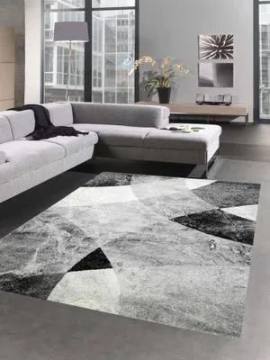 Image de Tapis de salon abstrait au motif moderne de losanges ondulés marbrés, gris et noir - facile d'entretien - Dimensions : 140 x 200 cm