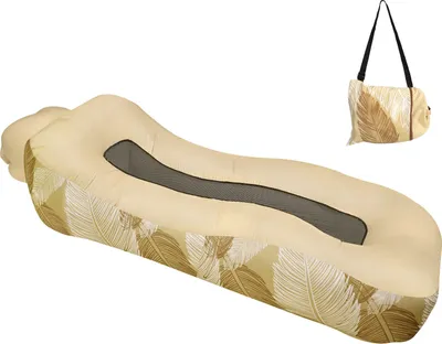 An inflatable lounger and its carrying bag are displayed against a white background.