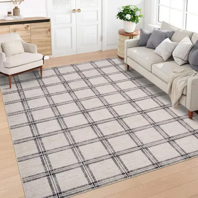 Obrázek produktu pro Kobercová podlaha Karierter – pratelný koberec – 100 % polyester – gumová spodní strana – krátký vlas – 200 × 290 cm – béžová