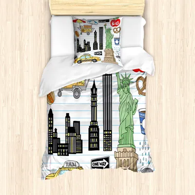 Produktbild von ABAKUHAUS Gekritzel Bettbezug Set für Einzelbetten, New York Manhattan, Milbensicher Allergiker geeignet mit Kissenbezug, Mehrfarbig