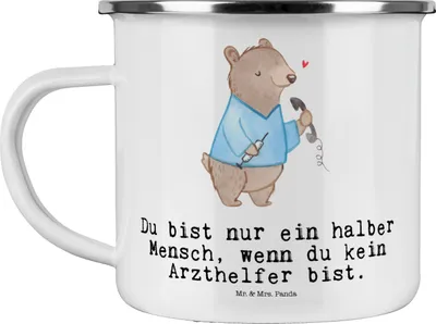 Produktbild von Mr. & Mrs. Panda Haferl Arzthelfer Herz - Weiß - Geschenk, Ausbildung, Teetasse, Krankenhaus, becher emaille, Tasse, Krankgeschrieben, Witzig, MFA, Pott, Spruch, Lustig