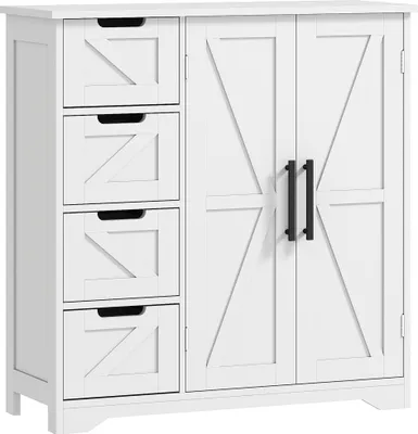 Image de HOMCOM Meuble de salle de bain, meuble de rangement, armoire salle de bain avec 4 tiroirs, 1 placard, étagère réglable, pour salon, salle à manger, petits espaces, 81,2 x 30 x 83,8 cm, blanc
