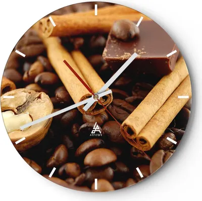 Produktbild von Wanduhr - Rund - Glasuhr - Gerösteter Kaffee Aroma Schokolade - 40x40cm - Schleichendes Uhrwerk - Lautlos - zum Aufhängen bereit - Dekoration Modern - Wanddekoration aus Glas - C3AR40x40-0394