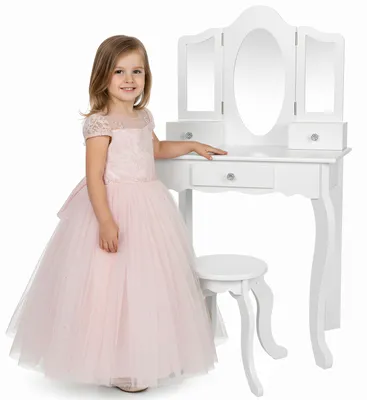 Houten Make-uptafel für Kinder, 60x39x105,5 cm, mit Spiegel, weiß