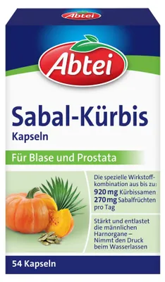 Produktbild von Abtei Sabal-Kürbis-Kapseln - stärkt und entlastet die männlichen Harnorgane – kann sich positiv auf das Blasen-Prostata-System auswirken - 1 x 54 Kaps