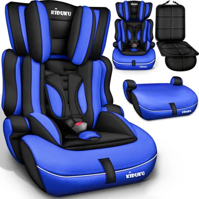 A collage of images showing a blue and black car seat in different configurations and components.