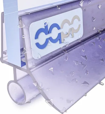 A close-up view of a transparent shower door seal with water droplets on it. A logo is visible on the seal.