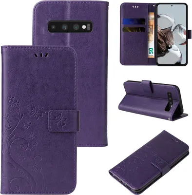 Produktbild von Handyhülle für Samsung Galaxy S10+ Floral Blumen Schmetterling Flip Cover Hülle Case Klapphülle Handytasche Farbe: Violett
