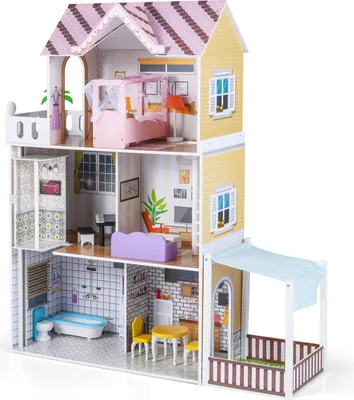 Zdjęcie produktu dla COSTWAY Domek dla lalek z drewna, domek dla dzieci z balkonem, tarasem i 16 meblami, willa dla lalek 3 piętra, duża wymarzona willa 102x34x120,5 cm, dla dzieci powyżej 3 lat