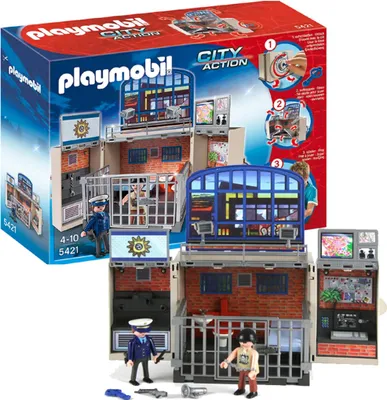 A Playmobil police station playset is shown, with the packaging in the background and the assembled playset in the foreground.