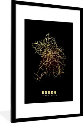 Produktbild von MuchoWow® Gerahmtes Poster Karte - Gold - Essen - Stadtplan - Karte 60x90 cm - Poster mit Schwarzem Bilderrahmen Wandposter Rahmen Foto Bilder - Dekoration - Wandposter Wohnzimmer - Hochwertig