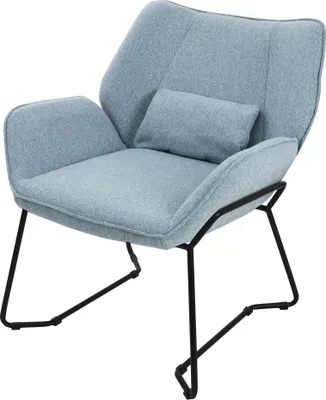 A light blue armchair with a small pillow and black metal legs, set against a white background.