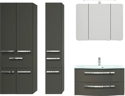 Produktbild von Pelipal Badmöbel-Set Serie 4005 BxHxT 182 x 200 x 49,1 cm Frontfarbe grau hochglanz mit Waschtisch Glas weiß und Waschti