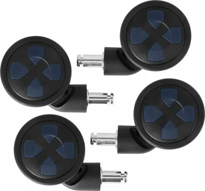 Four black caster wheels with blue accents, arranged in a diagonal pattern.