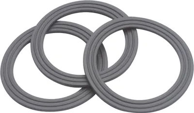 Three gray blender sealing rings are arranged in a triangular formation, overlapping each other.