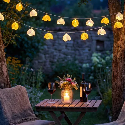 Immagine prodotto di Ghirlanda luminosa a LED a forma di fiori - 15 fiori bianchi e gialli - Alimentazione a batteria/timer - L: 1,4 m - Per interni/esterni