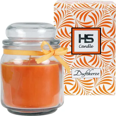 Productafbeelding van HS Candle geurkaars in glas, honingmeloen, brandduur tot 70 uur, 300 gram was, fruitige geur, pot met glazen deksel en lint, cadeauverpakking