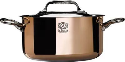 A copper pot with silver handles and lid.