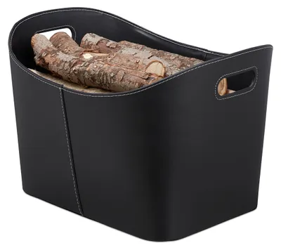 Productafbeelding van Relaxdays Houtkorf van kunstleer, XL, stabiele houtkorf met draaghandgrepen, geschikt voor brandhout en kranten, ovaal, zwart, AI-gegenereerde afbeelding