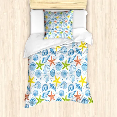 Produktbild von ABAKUHAUS Sea Shells Bettbezug Set, Seesterne Aqua Marine Inspirationen Aquarium Oyster Nautical Wildlife Unterwasser, 135 x 200 cm + 80 x 80 cm, Mehrfarbig