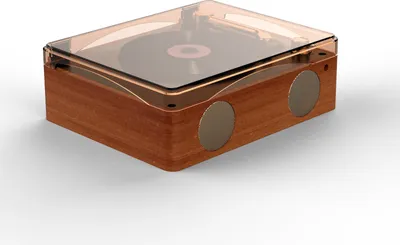 A 3D rendering of a retro-style CD player with a wooden base and a transparent lid.