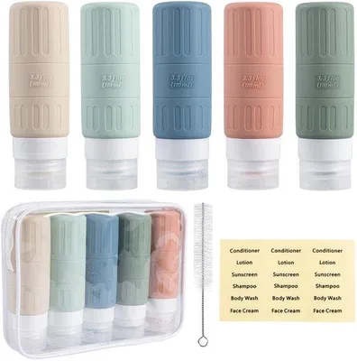 Produktbild von Unyqoos® 5er Set Silikon-Reiseflaschen 100 ml – auslaufsicherer Schraubverschluss mit Kreuzöffnung, 5 Farben, inkl. Etiketten & Reisetasche