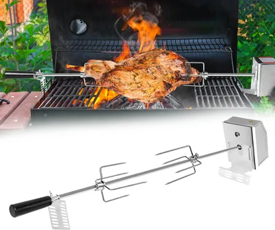 A rotisserie spit with a motor and a piece of meat cooking on a grill.