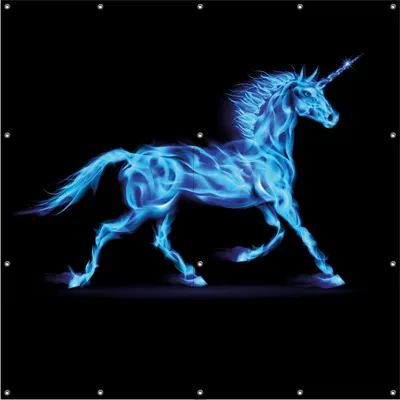 Produktbild von Wallario Outdoor-Poster für Garten oder Balkon, Motiv Design Einhorn - aus blauen Flammen, in ca. 180 x 180 cm