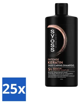 Image de 25 flacons de shampooing Syoss Keratin Deep Caring, 440 ml chacun. Pack économique de 25 pièces