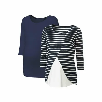 Produktbild von Esmara Umstandsshirt 2er Pack Stillshirt Schwangerschaftsshirt Wolle Streifen/Navy XS