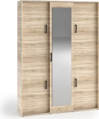 Produktbild von MR GROUP Garderobenschrank GRID 150cm Garderobe Spiegel Schlafzimmer Mehrzweckschrank 3-türig Ablagen Dielenschrank Kleiderschrank Flurmöbel hellbraun