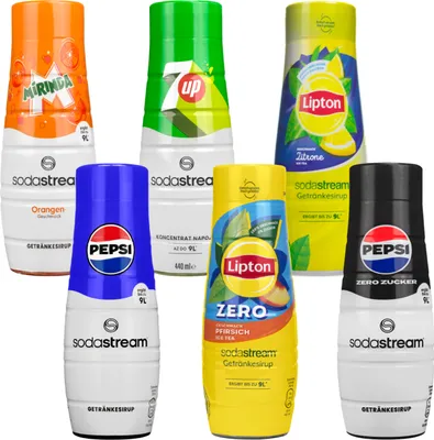 Image de Sirop SodaStream Pepsi, Pepsi Max Light, 7UP Free Zero Sugar, Mirinda, Lipton Ice Tea Peach Zero, Lipton Ice Tea Lemon 440ml, 6 pièces