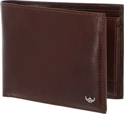 A brown leather wallet is shown open.
